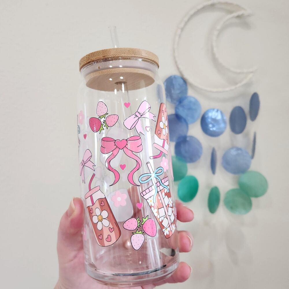 Pink Coffee Cup & Bows Glass Tumbler Bamboo Lid 20 oz Strawberries Hearts Flower